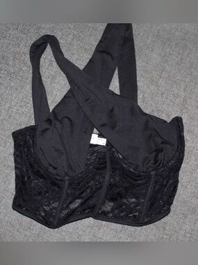 Black Lace Crop Bralette with Cross-Back Straps